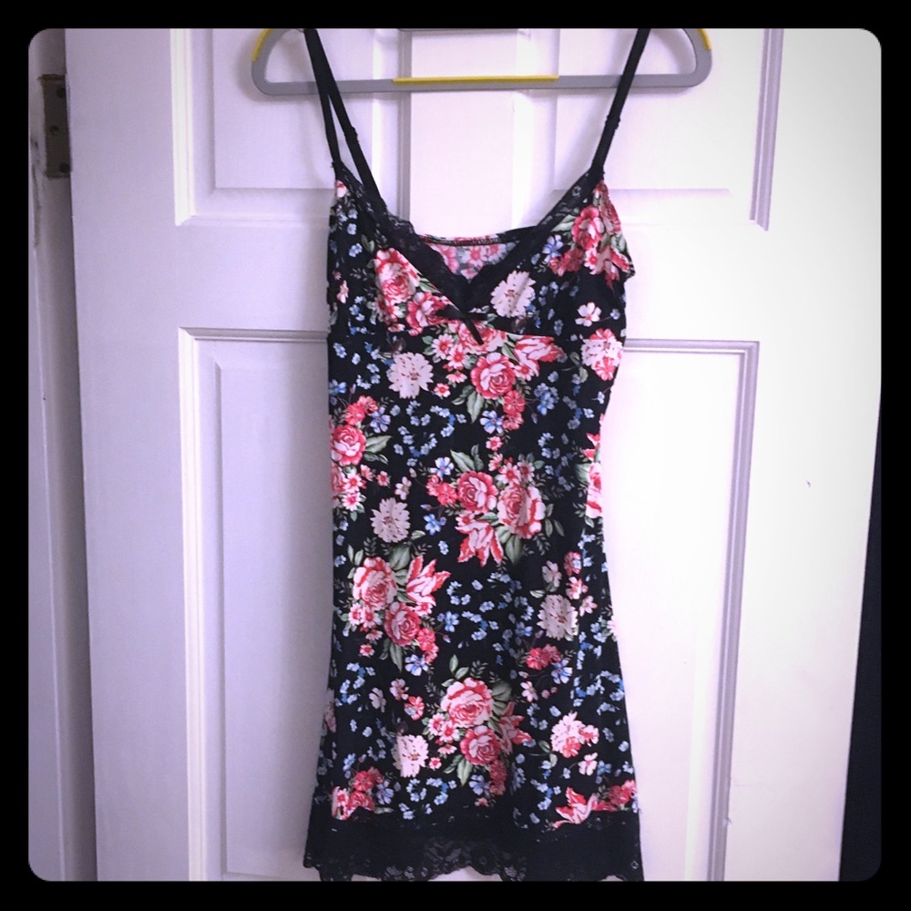 Secret Possessions Black Slip Dress with Pink Rose Floral Print